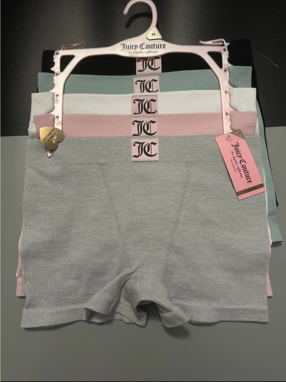 Juicy Couture Ribbed Seamless Bike Shorts Set - Light Gray, Pink, Mint